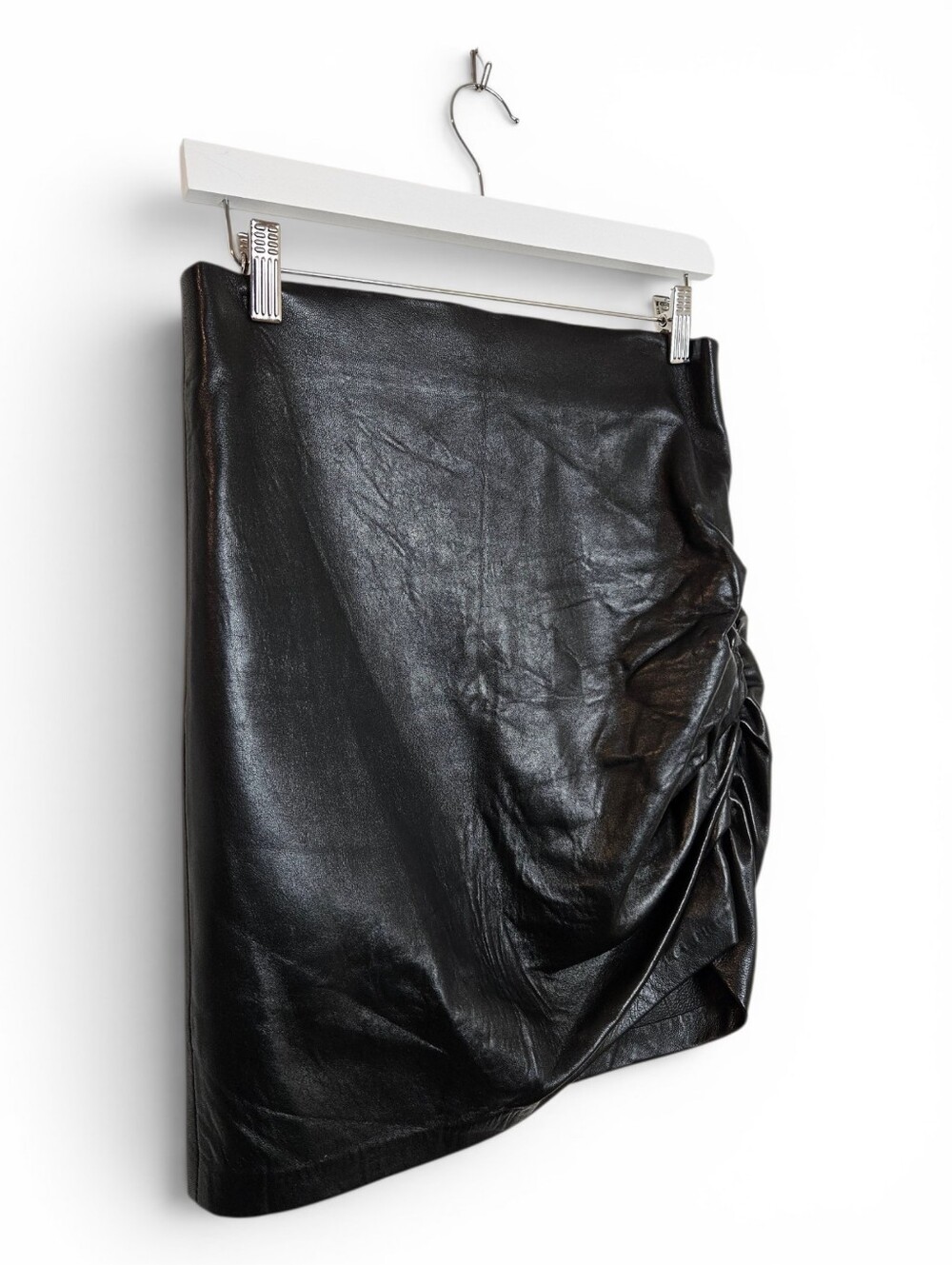 Zara Genuine Leather Mini Skirt Size M Ruched Draped Asymmetrical Y2K Black